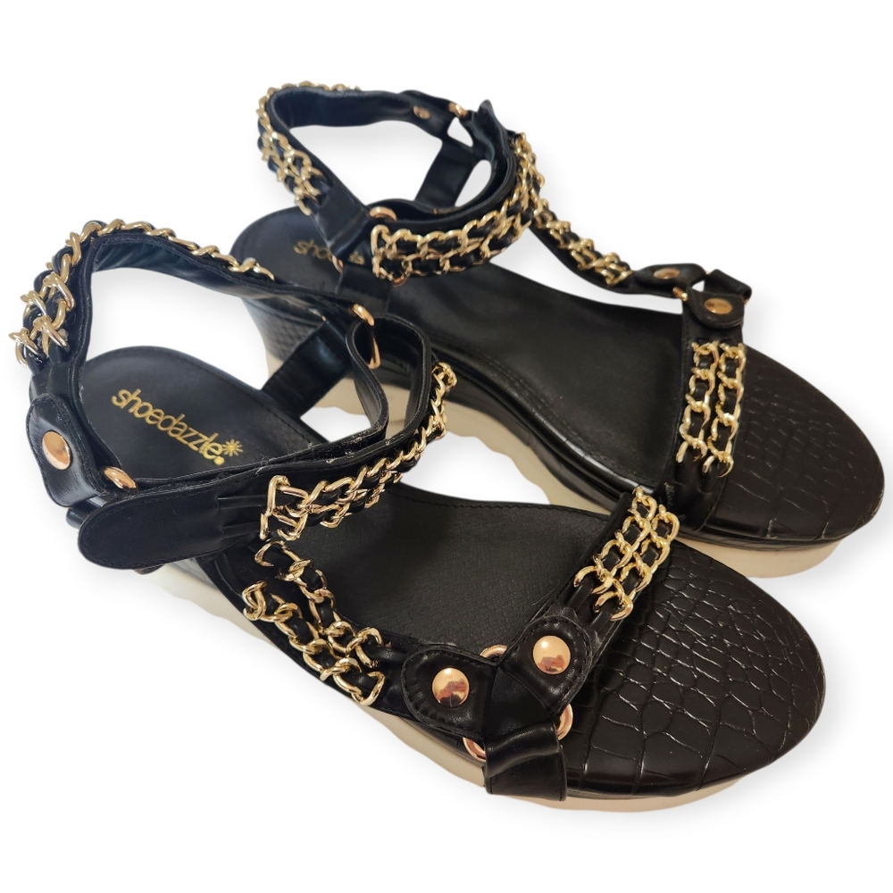 Shoe Dazzle Branwen Black Chunky Chain Embellished Wedge Size 11 NWOT